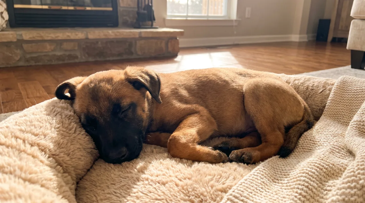 Cachorro de pastor belga malinois descansando en su cama
