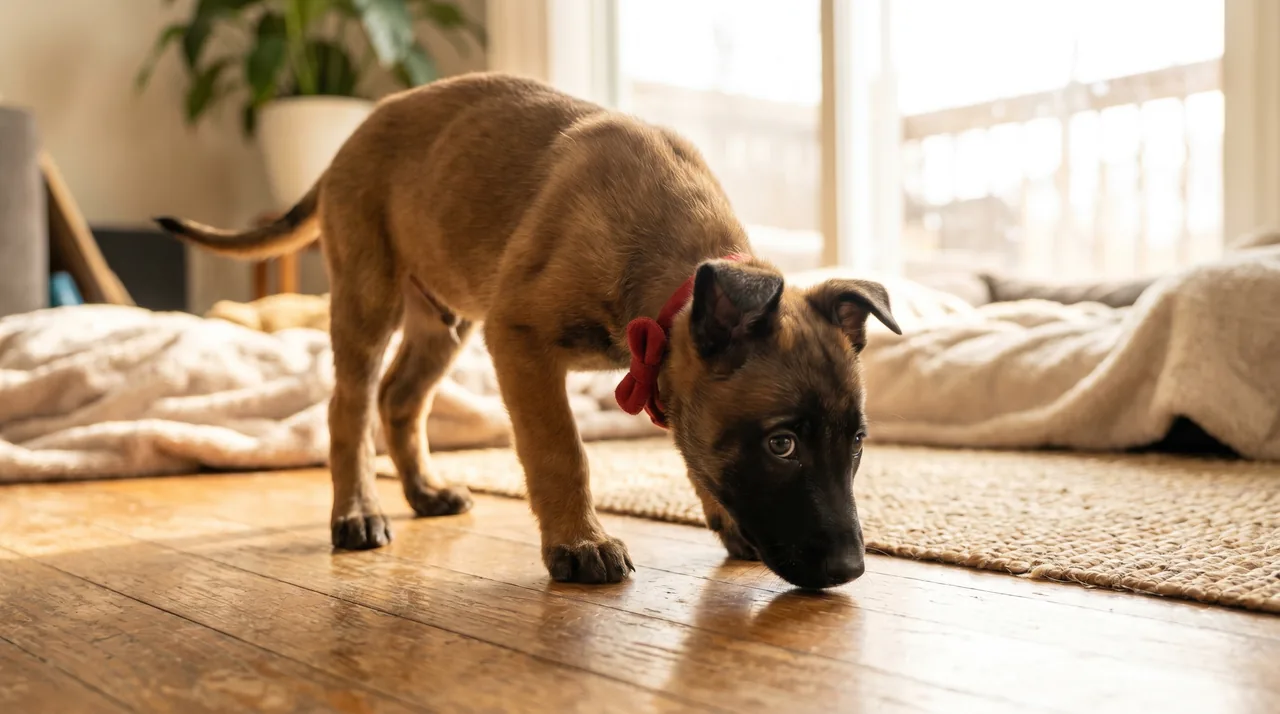 Cachorro de pastor belga malinois explorando su nuevo hogar