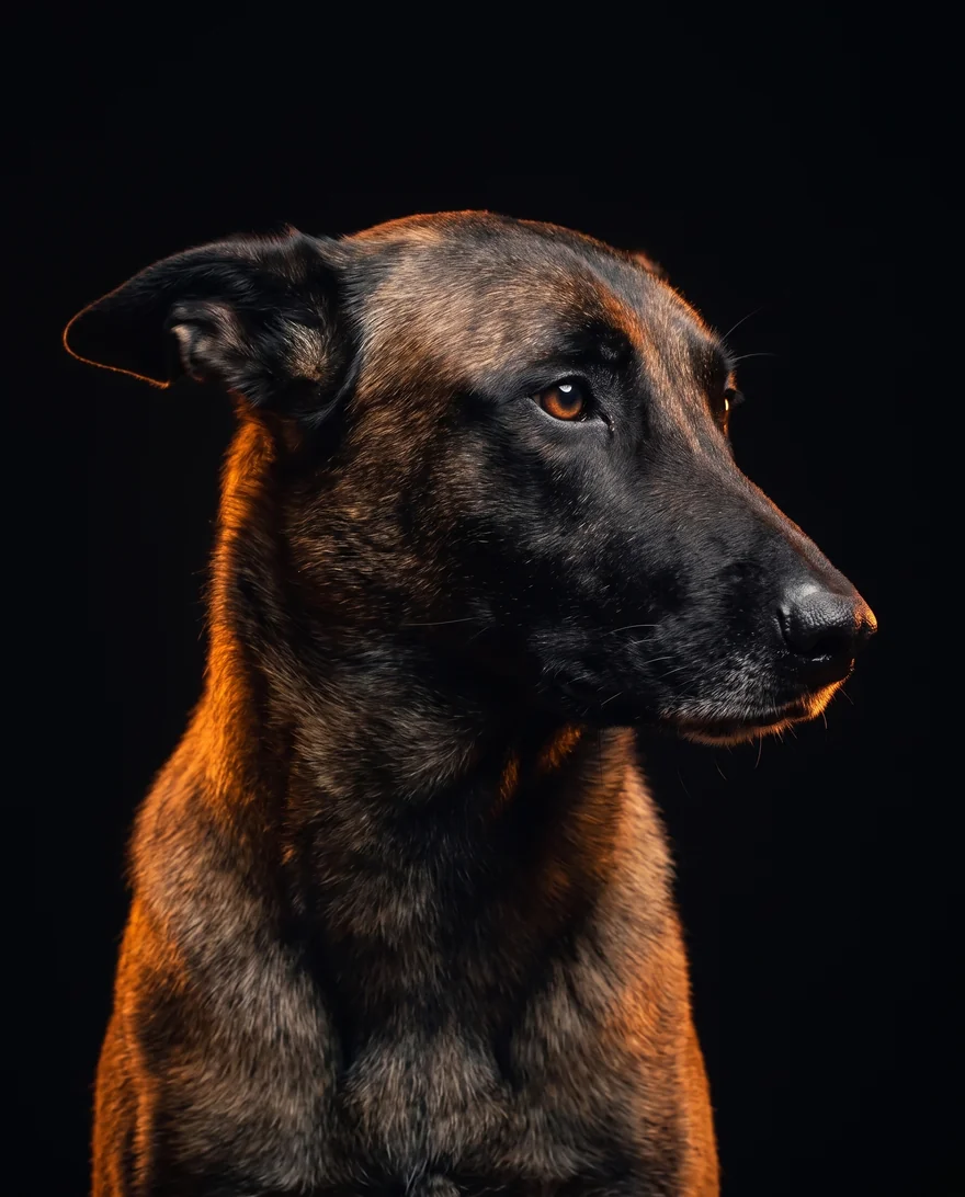 Malinois girando la cabeza y apartando la mirada, retrato de estudio